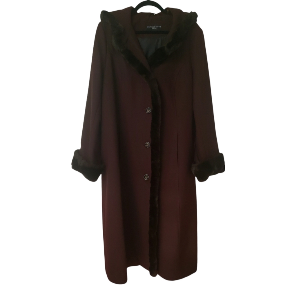 DONNYBROOK New York Wool & Faux Fur Trim Coat Full Length Brown Plus Size
